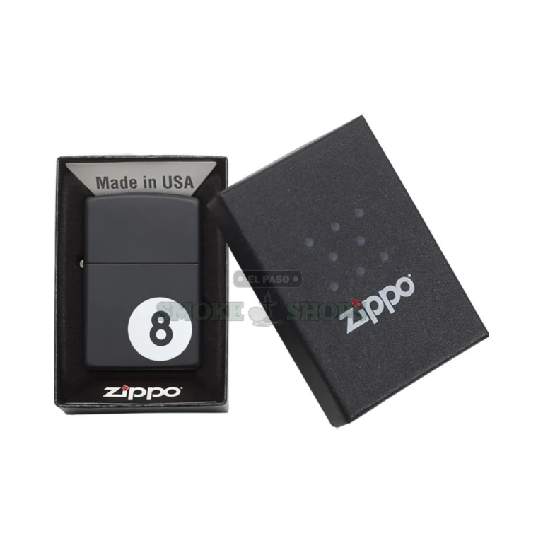 Zippo Billiards 8-Ball windproof lighter in black matte finish, model 28432, closed front view