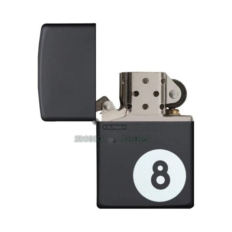 Zippo Billiards 8-Ball windproof lighter in black matte finish, model 28432, closed front view