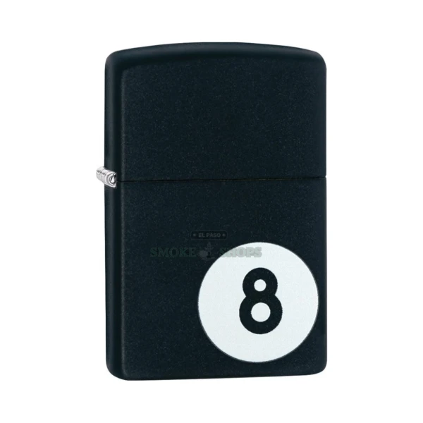 Zippo Billiards 8-Ball windproof lighter in black matte finish, model 28432, closed front view