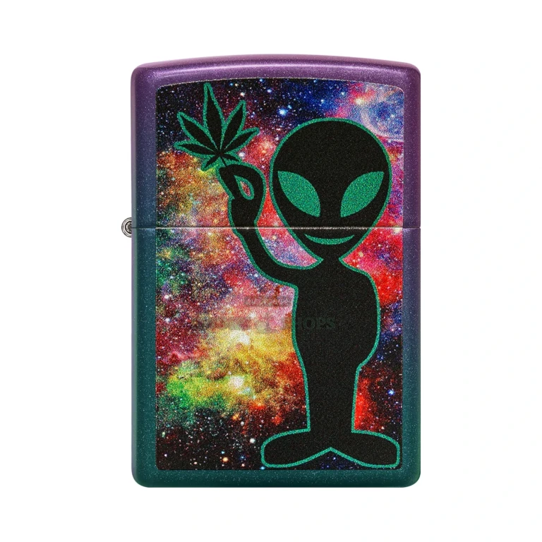 Zippo Alien Design windproof lighter with extraterrestrial artwork on a brass case, lid closed, at El Paso Smoke Shops