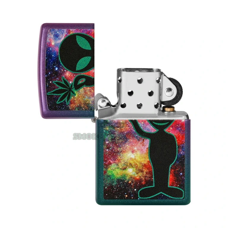 Zippo Alien Design windproof lighter with extraterrestrial artwork on a brass case, lid closed, at El Paso Smoke Shops