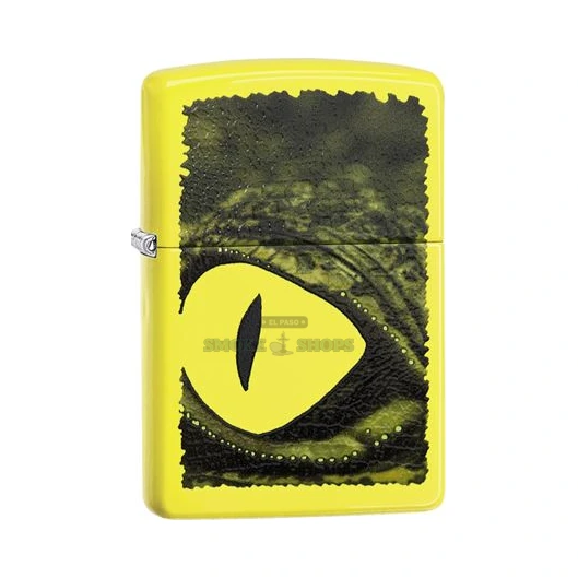 Green alligator-skin and alligator-eye motif on the neon yellow Zippo 29414 case