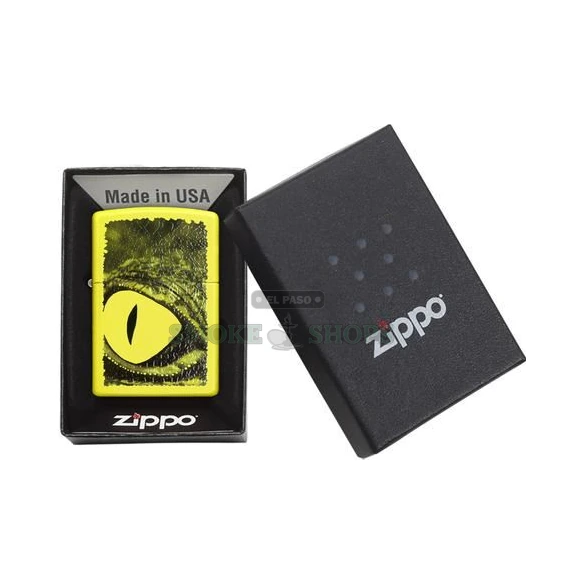 Zippo 29414 shown open with the windproof chimney and flame lit