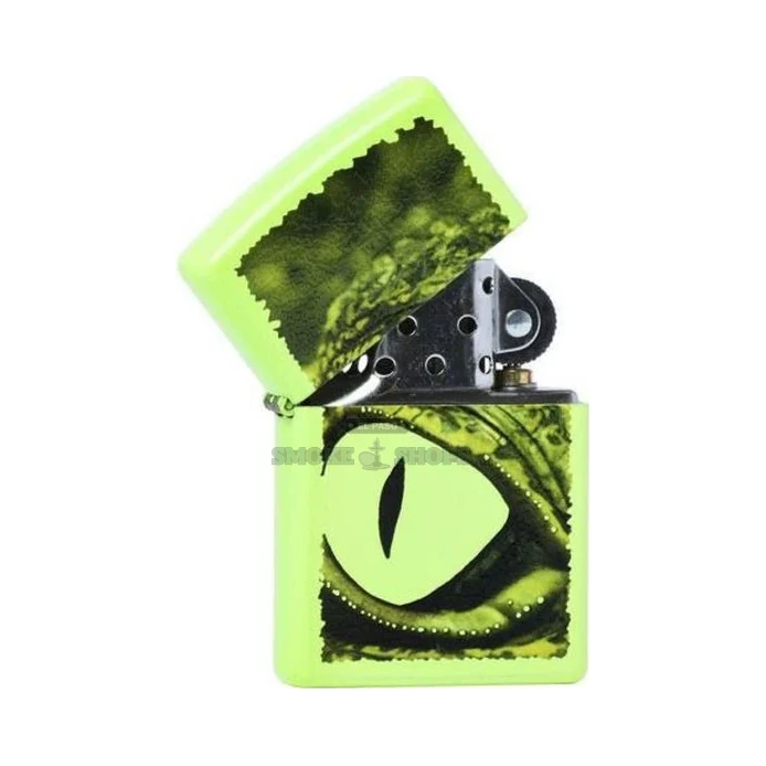 Neon yellow Zippo Alligator lighter held in hand to show its classic pocket size
