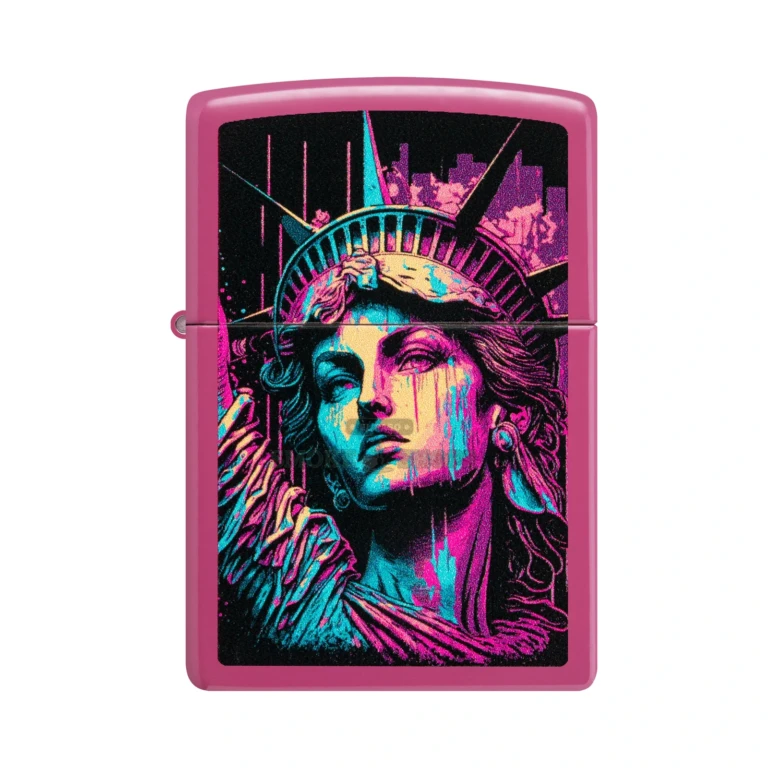 Zippo American Lady Frequency windproof lighter 48916 with pop-art Statue of Liberty on a hot-pink Color Image case