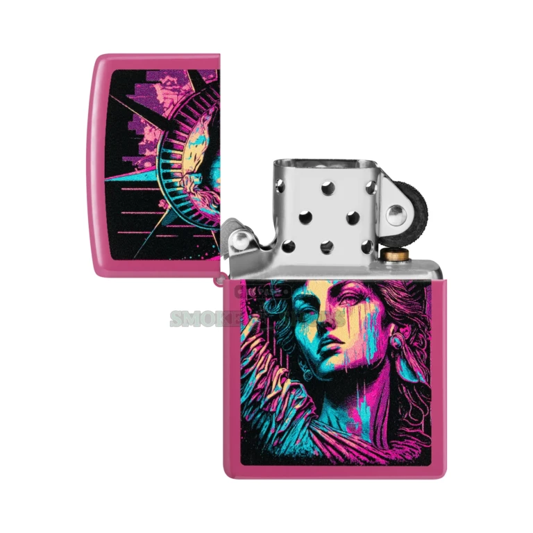 Zippo American Lady Frequency windproof lighter 48916 with pop-art Statue of Liberty on a hot-pink Color Image case