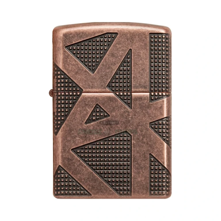 Deep wrap-around geometric MultiCut engraving across the antique copper Armor case of the Zippo 49036