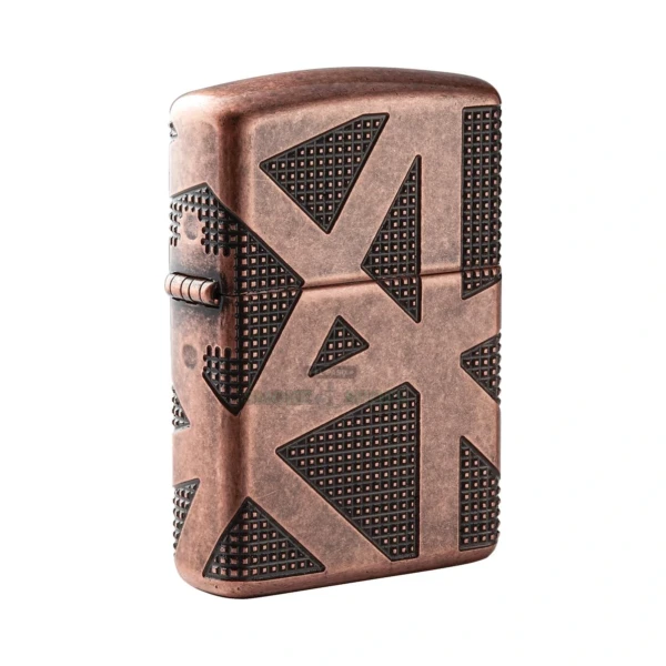 Zippo Armor Geometric 360 antique copper windproof lighter, model 49036, closed front view