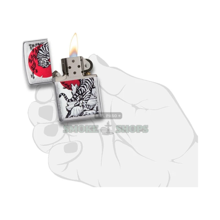 Brushed chrome horizontal texture and high-polish sides on the Zippo Asian Tiger lighter