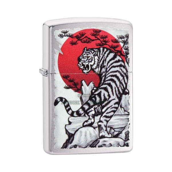 Zippo Asian Tiger Design windproof lighter in brushed chrome, model 29889, front view