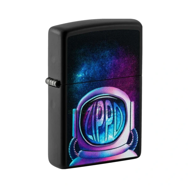Zippo Astronaut Design black matte windproof lighter 49773 standing upright with the astronaut and galaxy Color Image graphic on the front