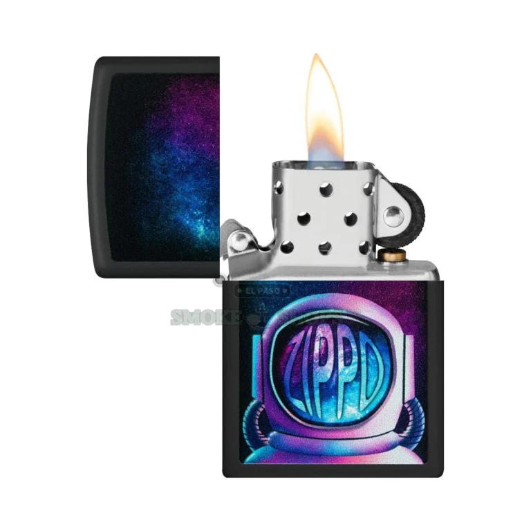 Close-up of the full-color galaxy and astronaut artwork on the black matte brass case of the Zippo 49773