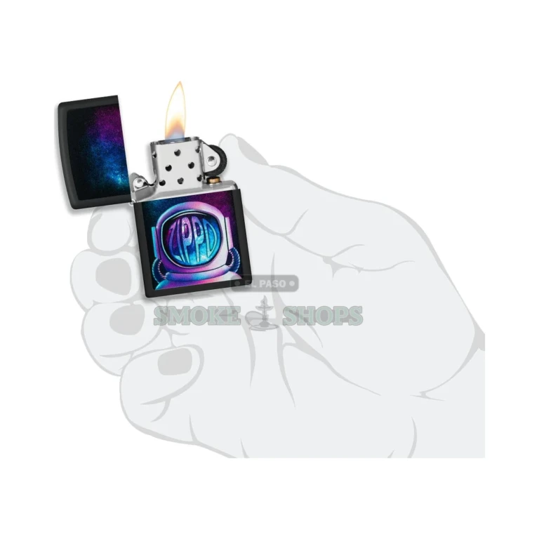 Zippo Astronaut Design black matte windproof lighter 49773 standing upright with the astronaut and galaxy Color Image graphic on the front