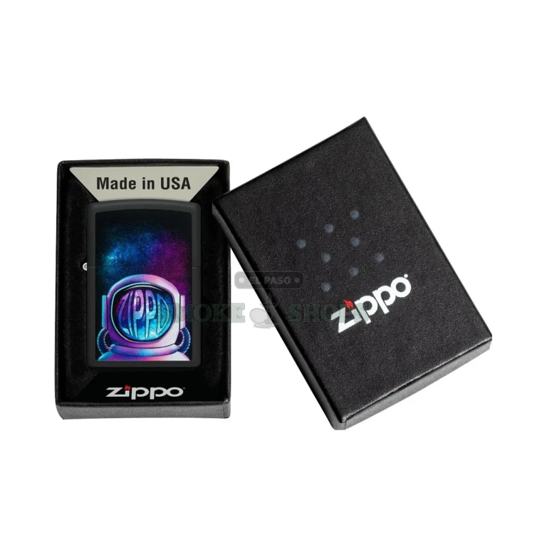 Zippo Astronaut Design black matte windproof lighter 49773 standing upright with the astronaut and galaxy Color Image graphic on the front