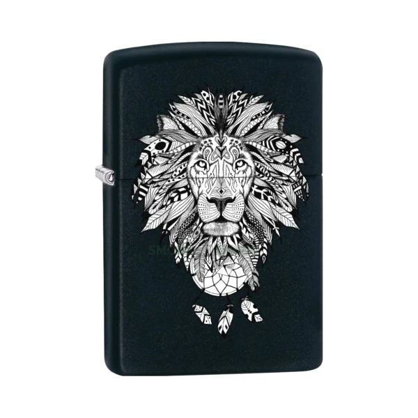 Zippo Aztec Lion black matte windproof lighter, model 77418, closed front view with color-image lion design at El Paso Smoke Shops