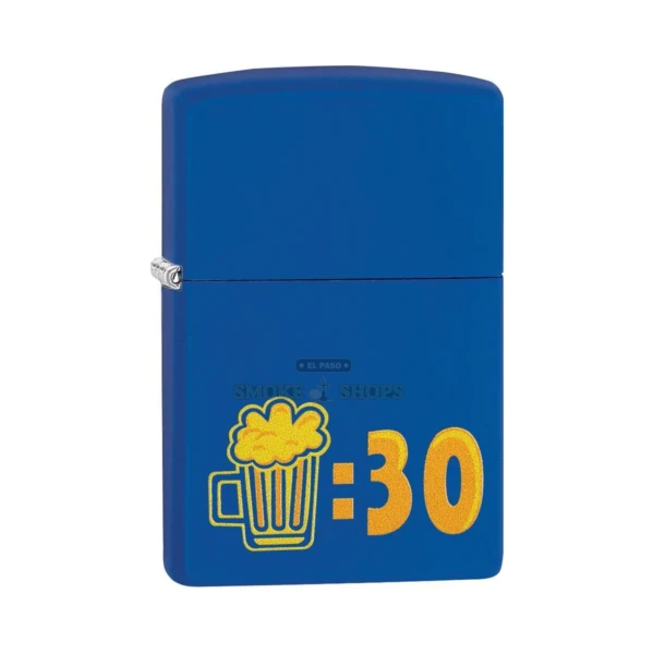 Zippo Beer 30 windproof lighter model 29869 in Royal Blue Matte with the It's beer thirty somewhere Color Image design, front view