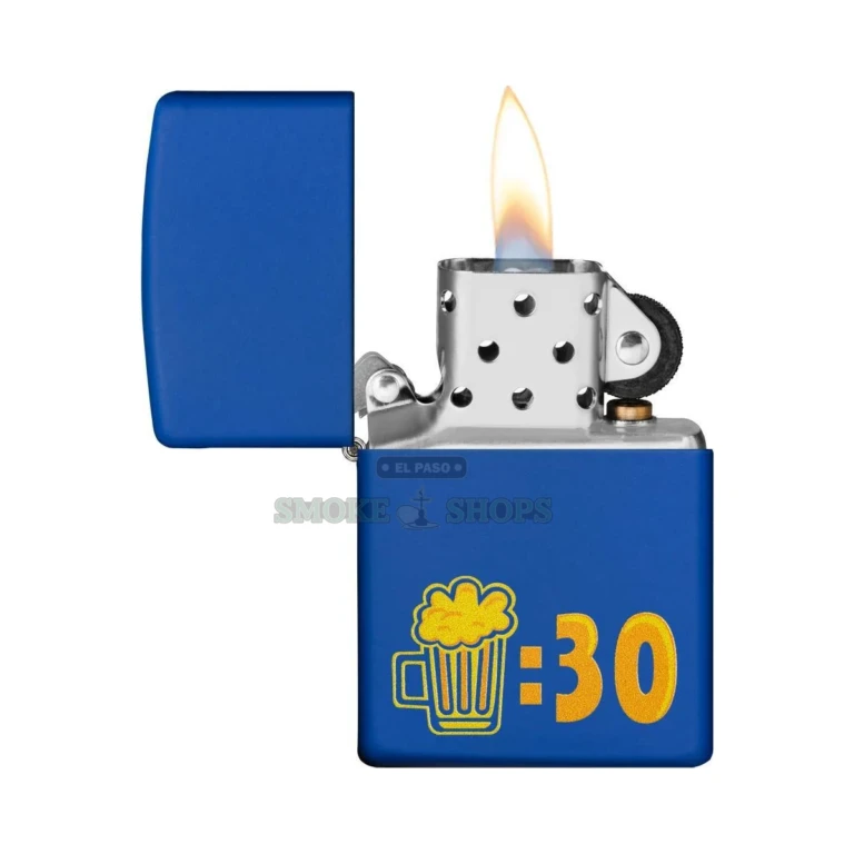 Royal Blue Matte Zippo lighter shown open with the windproof chimney and flame