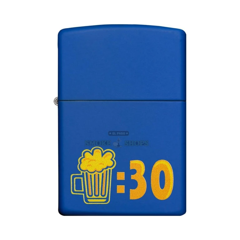 Zippo Beer 30 windproof lighter model 29869 in Royal Blue Matte with the It's beer thirty somewhere Color Image design, front view