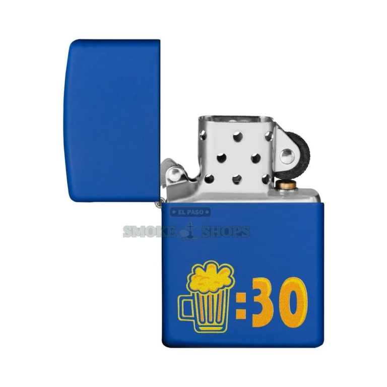 Zippo Beer 30 windproof lighter model 29869 in Royal Blue Matte with the It's beer thirty somewhere Color Image design, front view