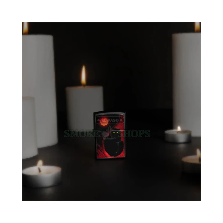 Black cat with glowing yellow eyes under a red moon printed on a black matte Zippo Color Image lighter