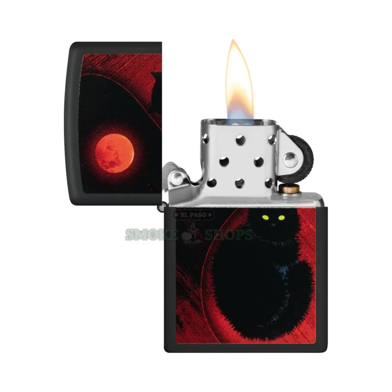 Zippo Black Cat lighter open with the lid flipped up showing the windproof chimney and wick