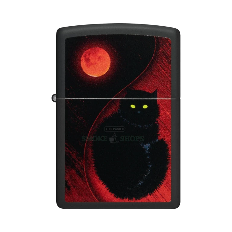 Zippo 48453 Black Cat Design windproof lighter in black matte with a glossy Color Image black cat and blood-red moon