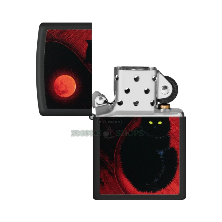 Zippo 48453 Black Cat Design windproof lighter in black matte with a glossy Color Image black cat and blood-red moon