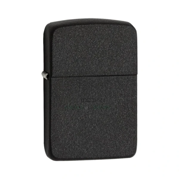 Zippo Black Crackle 1941 Replica windproof lighter model 28582 standing closed, showing the matte black textured brass case