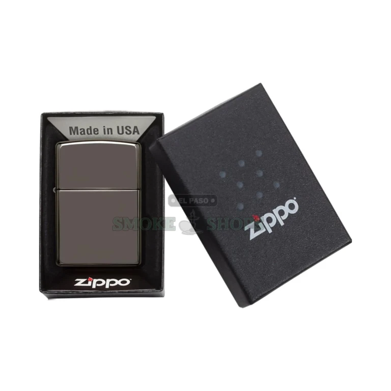 Zippo Classic Black Ice windproof lighter model 150 closed, showing the mirror-black high-polish case