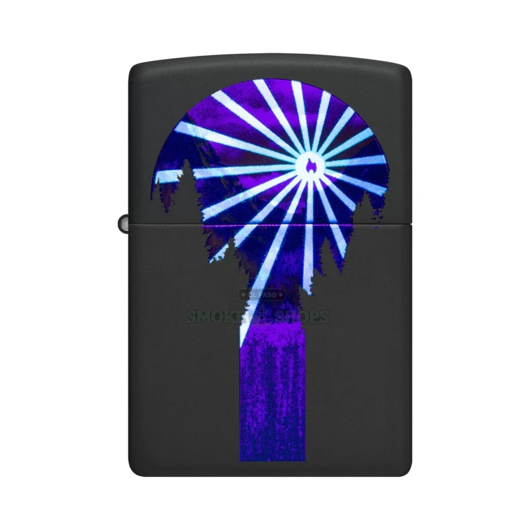 Zippo Black Light Mountain Waterfall lighter 48676 in black matte, showing a waterfall beneath a setting sun, at El Paso Smoke Shops