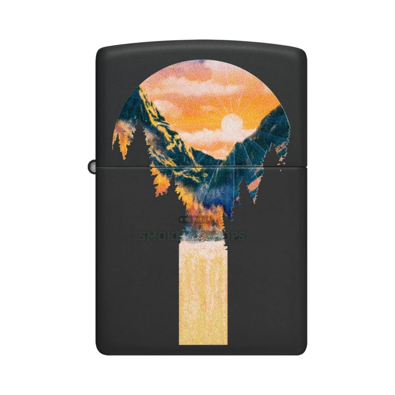 Zippo Black Light Mountain Waterfall lighter 48676 in black matte, showing a waterfall beneath a setting sun, at El Paso Smoke Shops