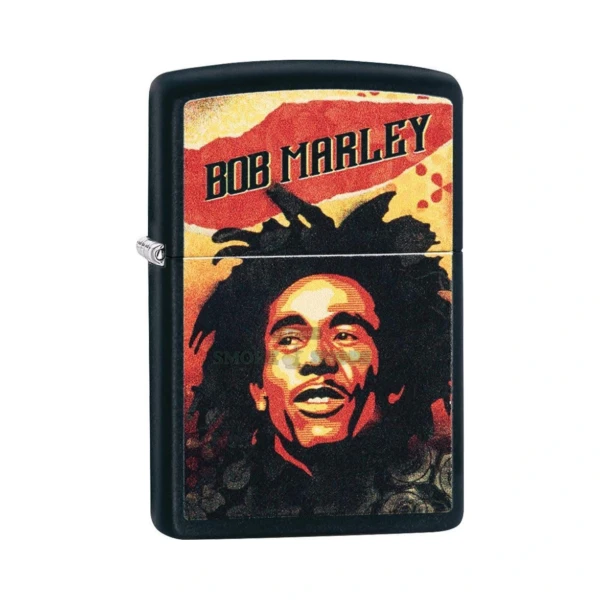 Zippo Bob Marley Black Matte windproof lighter, model 49154, with a full-color Color Image portrait of Bob Marley and his dreadlocks on the front