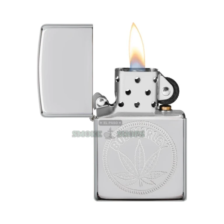 Open Zippo Bob Marley lighter showing the windproof chimney and flame