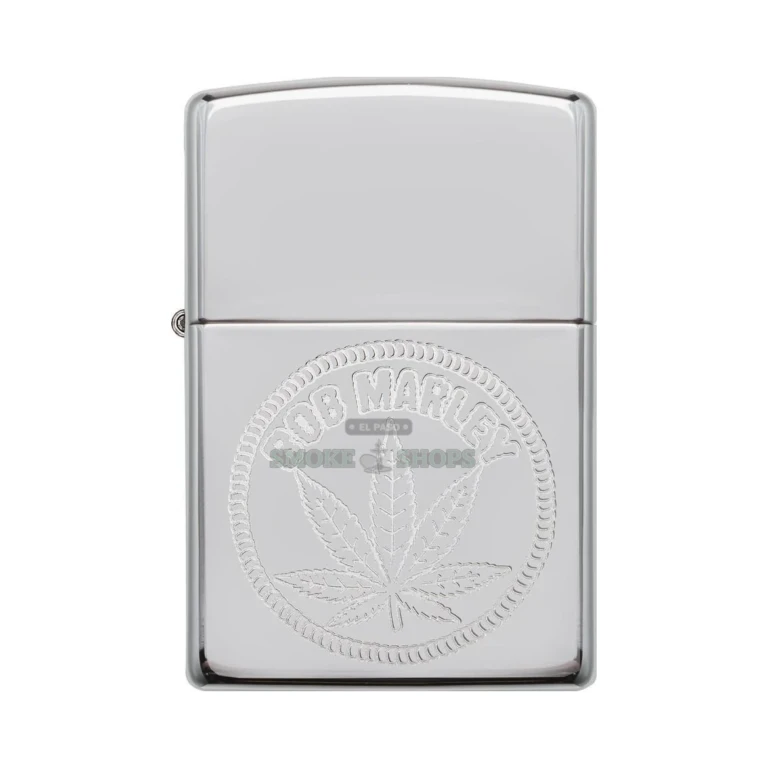 Bob Marley name lustre-engraved beside a cannabis leaf on a mirror-bright chrome Zippo lighter