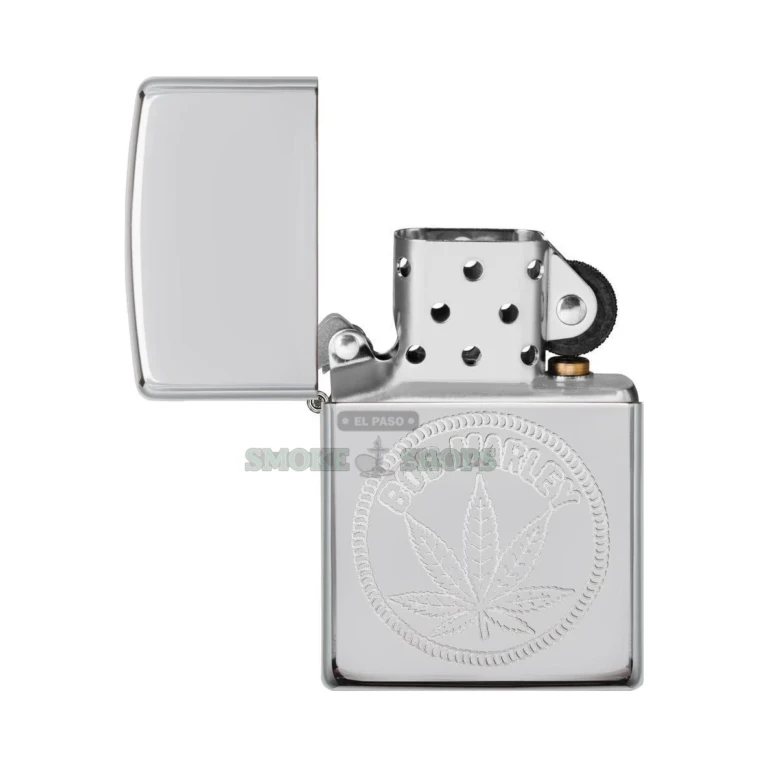 Zippo Bob Marley Engraved Leaf lighter 29769 in high polish chrome, front view of the cannabis leaf engraving
