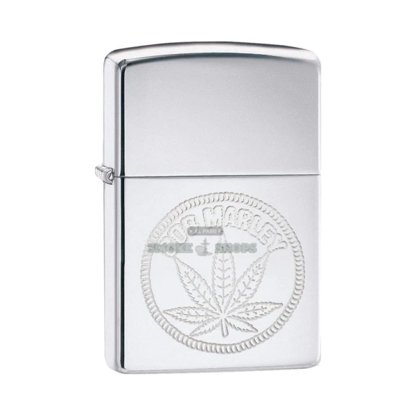 Zippo Bob Marley Engraved Leaf lighter 29769 in high polish chrome, front view of the cannabis leaf engraving