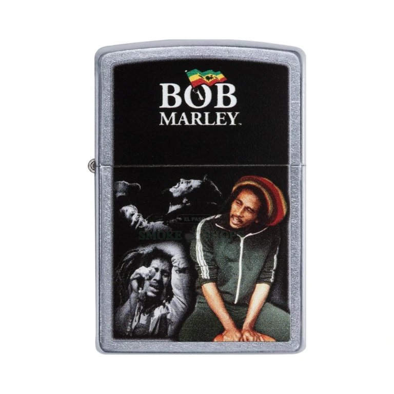 Zippo Bob Marley 29572 lighter open with the lid flipped up, showing the Street Chrome Classic case and windproof chimney