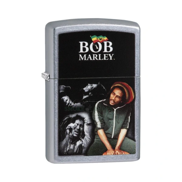 Zippo Bob Marley Memorable Moments lighter in Street Chrome, model 29572, closed front view showing the color-image portrait collage