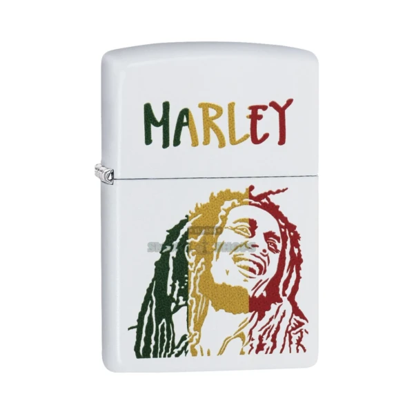 Zippo Bob Marley White Matte windproof lighter model 29308 with full-color portrait, closed front view