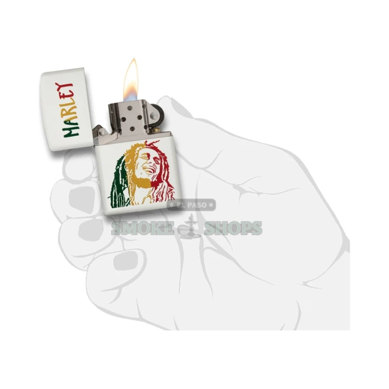 Zippo Bob Marley White Matte windproof lighter model 29308 with full-color portrait, closed front view