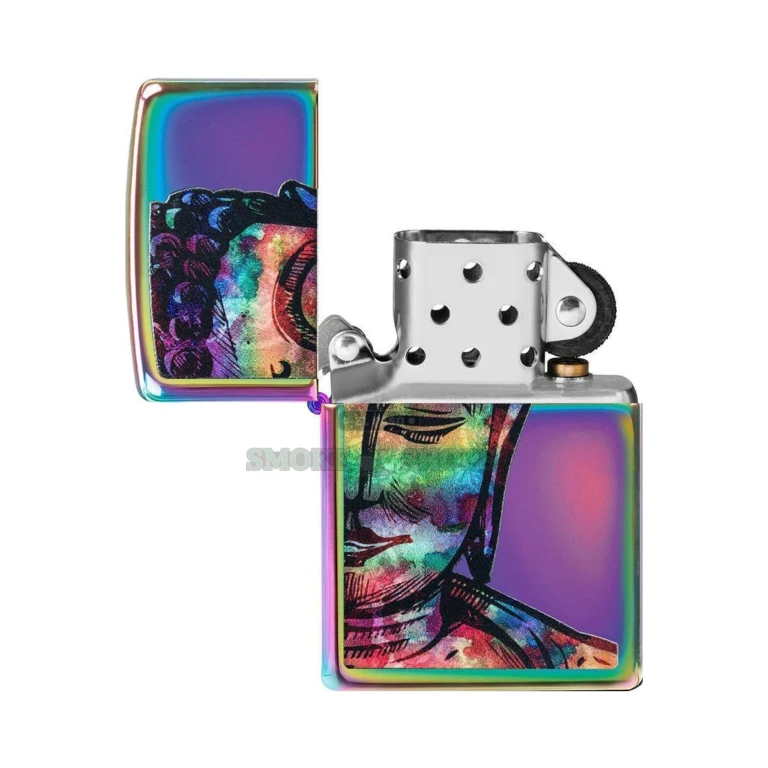 Zippo Bright Buddha Design lighter in hand for scale, Classic case size