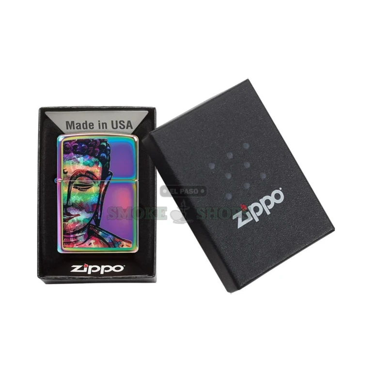 Zippo Bright Buddha Design windproof lighter, model 49136, with a vibrant Color Image Buddha on a Multi Color case