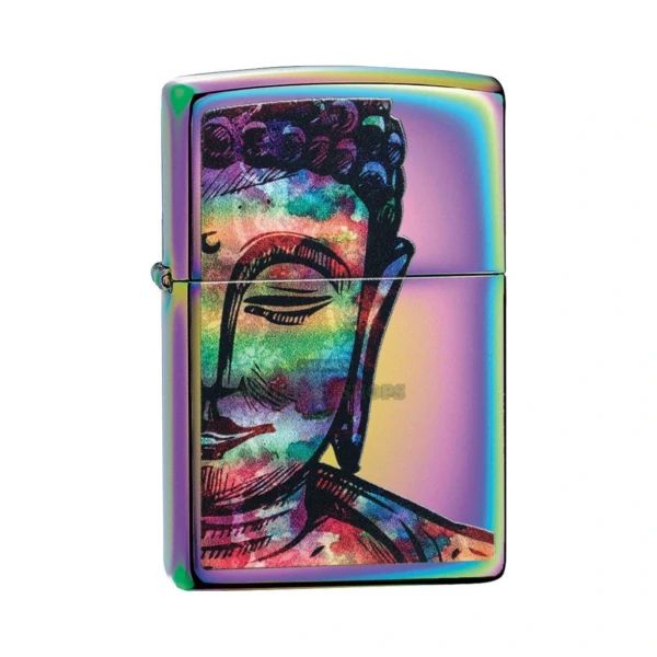 Zippo Bright Buddha Design windproof lighter, model 49136, with a vibrant Color Image Buddha on a Multi Color case