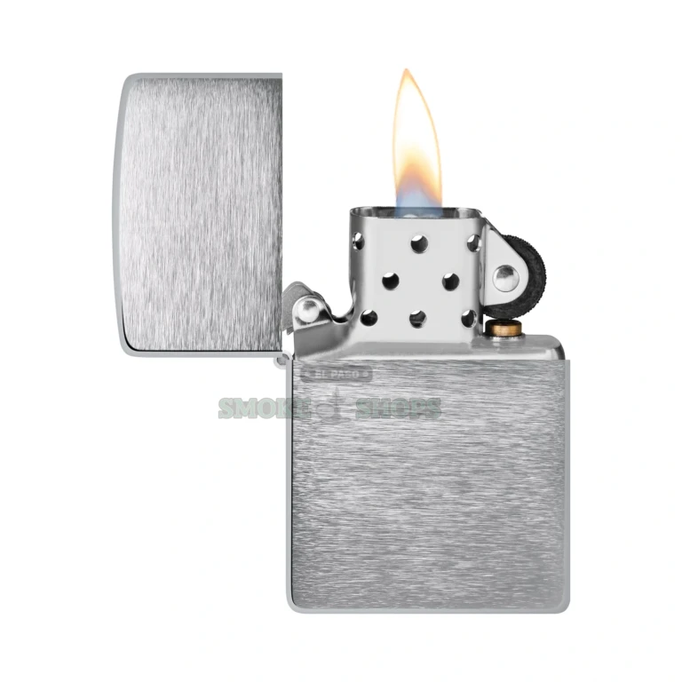 Zippo 200 brushed chrome lighter open showing the windproof chimney and wick