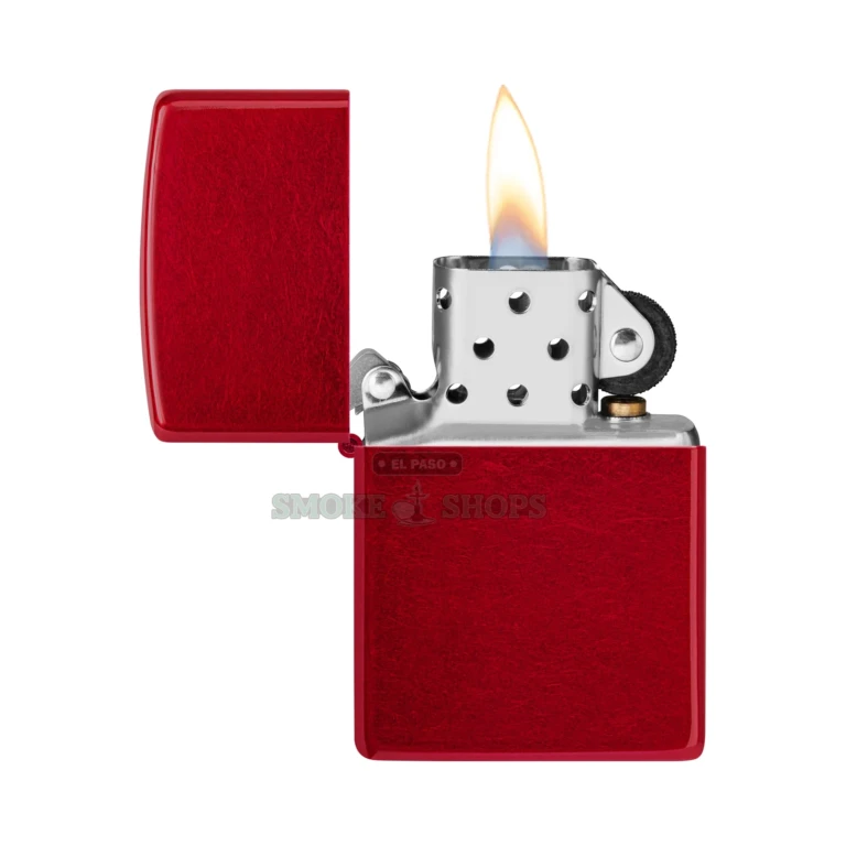 Zippo 21063 Candy Apple Red lighter open with the lid up, revealing the windproof chimney and wick