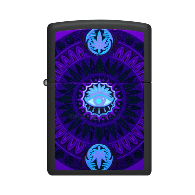 Open Zippo 48583 windproof lighter with a lit flame and black matte case