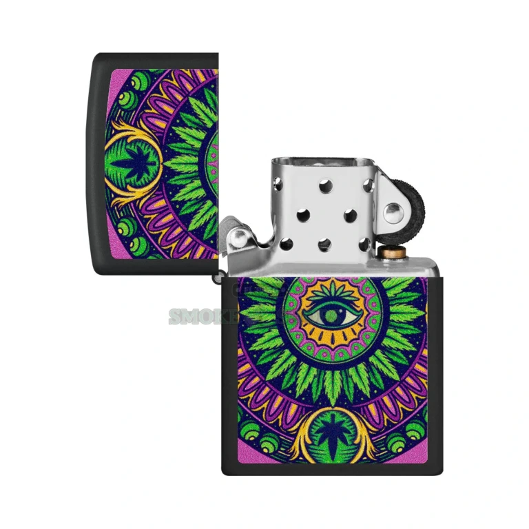 Zippo 48583 Cannabis Pattern lighter with black matte case showing a mandala all-seeing eye in a cannabis-leaf wreath