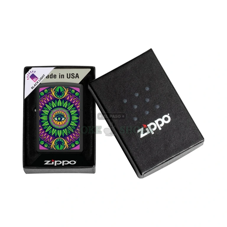 Zippo 48583 Cannabis Pattern lighter with black matte case showing a mandala all-seeing eye in a cannabis-leaf wreath