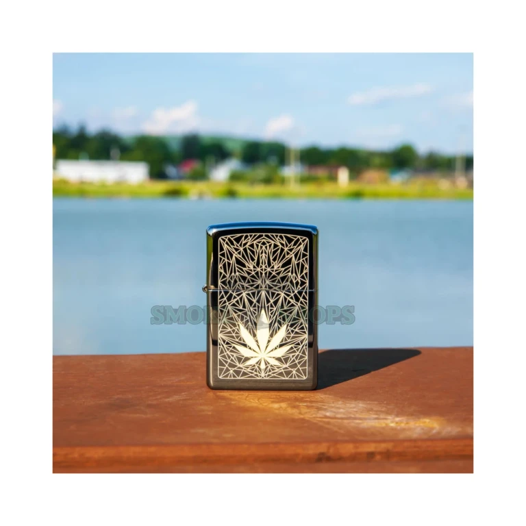 Open Zippo Cannabis Design Black Ice lighter showing the windproof chimney and flame