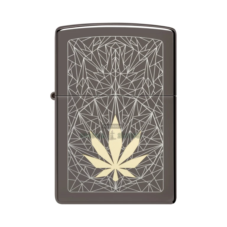 Zippo Cannabis Design Black Ice windproof lighter, model 48384, symmetrical metallic two-tone cannabis leaf on a high-gloss black case, front view